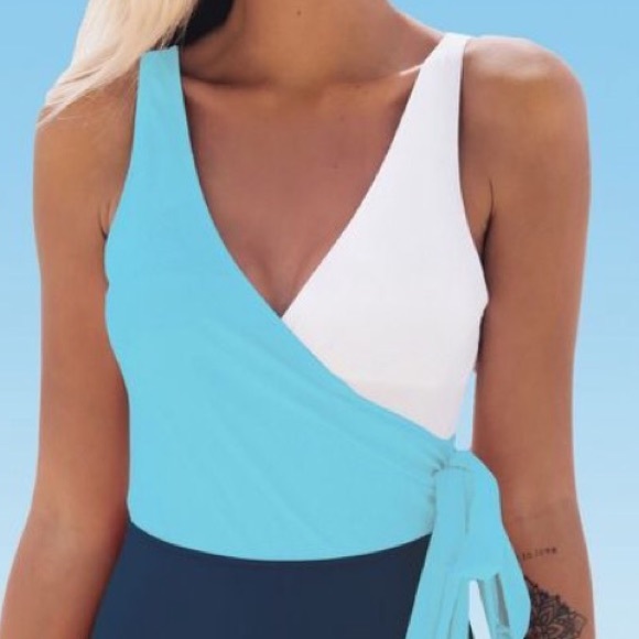 Women's One Piece Swimsuit Wrap Color Block Tie Side Bathing Suit - - Picture 4 of 5